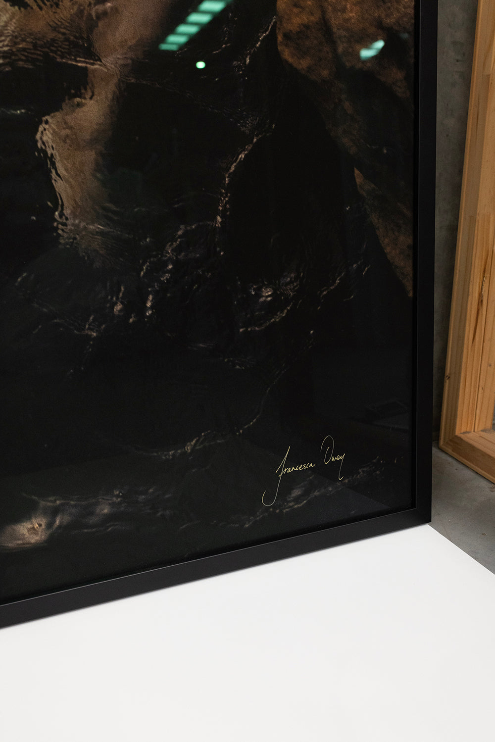 A close-up of a framed photograph hanging on a wall, showing the lower right corner of the dark, abstract image. The artist's signature, "Francesca Owen," is visible in small, elegant handwriting near the corner. Titled "Sunrise Swim #5" by Francesca Owen and printed with archival pigments on fine art paper, the frame is black and the background appears reflective.